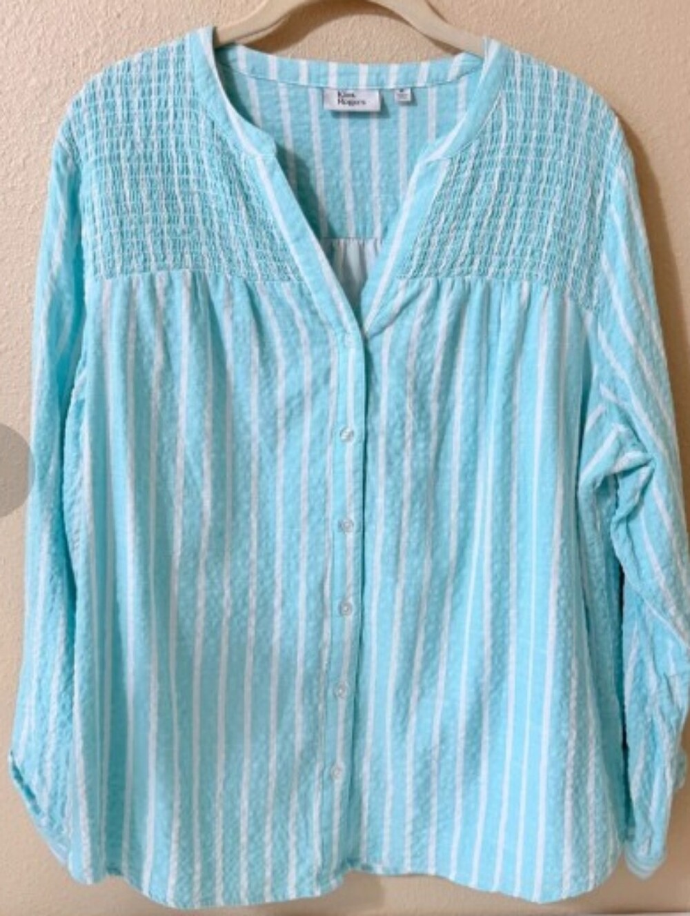 Kim Rogers Sz XL Coastal Blue & White Striped Button-Front Crinkle Cotton Tunic